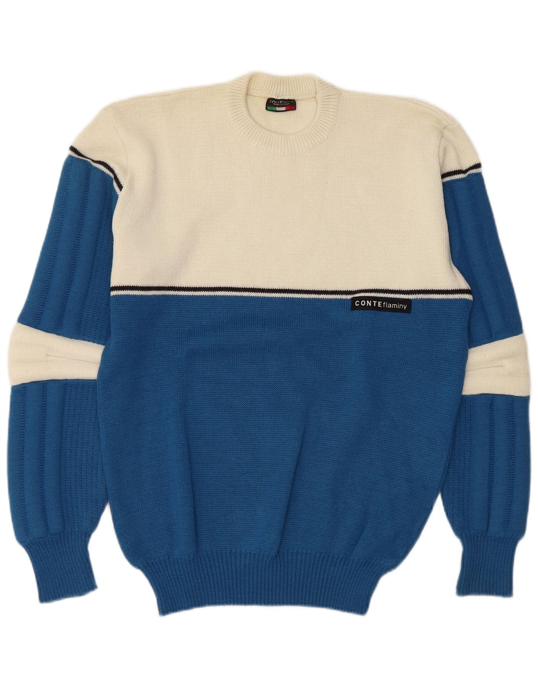 Vintage Mens Crew Neck Jumper Sweater Large Blue Colourblock Wool