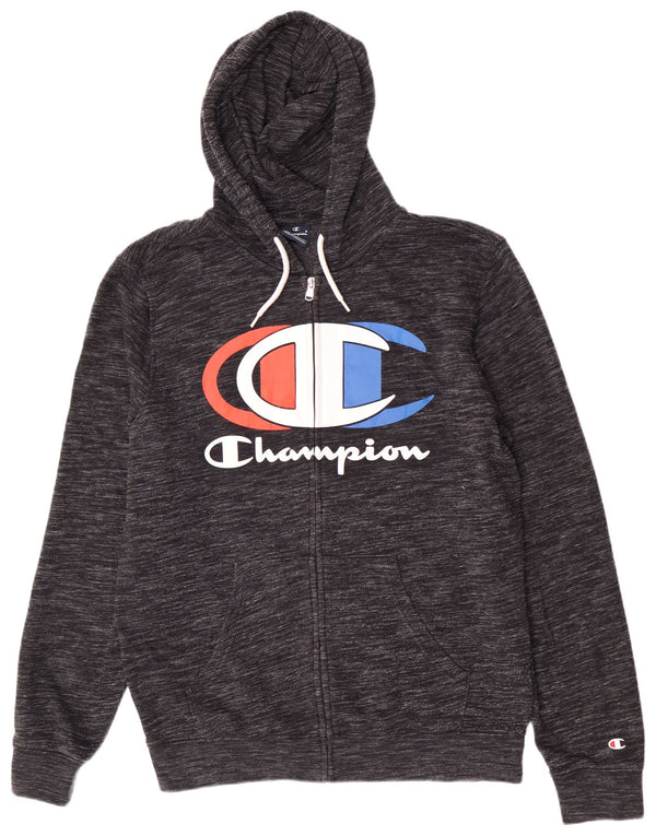 Champion Mens Graphic Zip Hoodie Sweater Large Grey Flecked Cotton