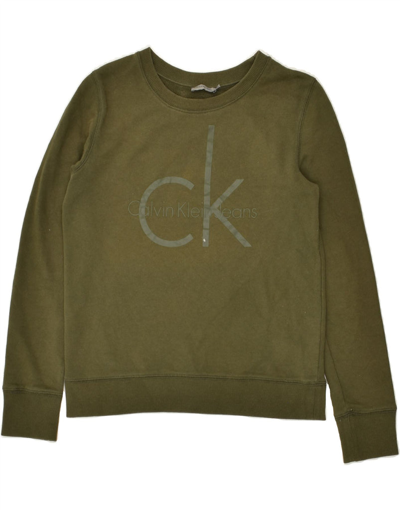 CALVIN KLEIN Womens Graphic Sweatshirt Jumper UK 14 Medium Khaki Cotton | Vintage Calvin Klein | Thrift | Second-Hand Calvin Klein | Used Clothing | Messina Hembry 