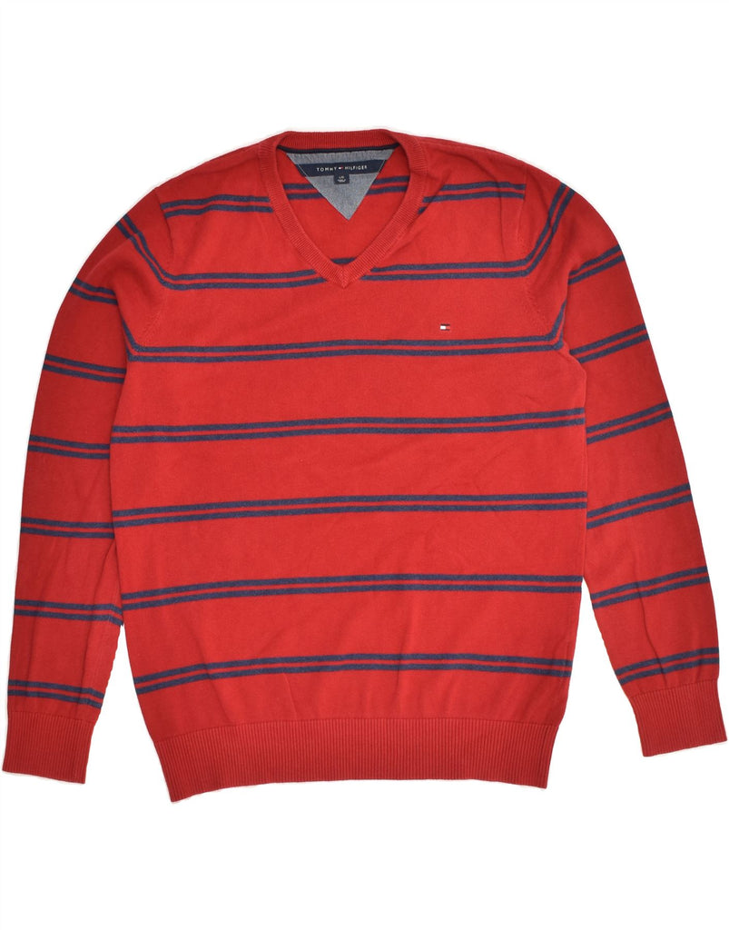 TOMMY HILFIGER Mens V-Neck Jumper Sweater Large Red Striped Cotton | Vintage Tommy Hilfiger | Thrift | Second-Hand Tommy Hilfiger | Used Clothing | Messina Hembry 