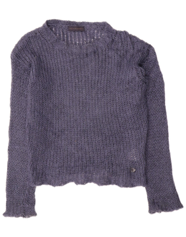 Trussardi Womens Crop Boat Neck Jumper Sweater UK 10 Small Navy Blue