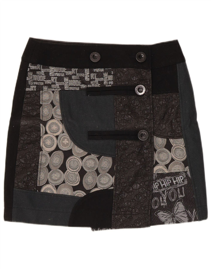 Desigual Womens Graphic Mini Wrap Skirt EU 38 Medium W32 Black Patchwork