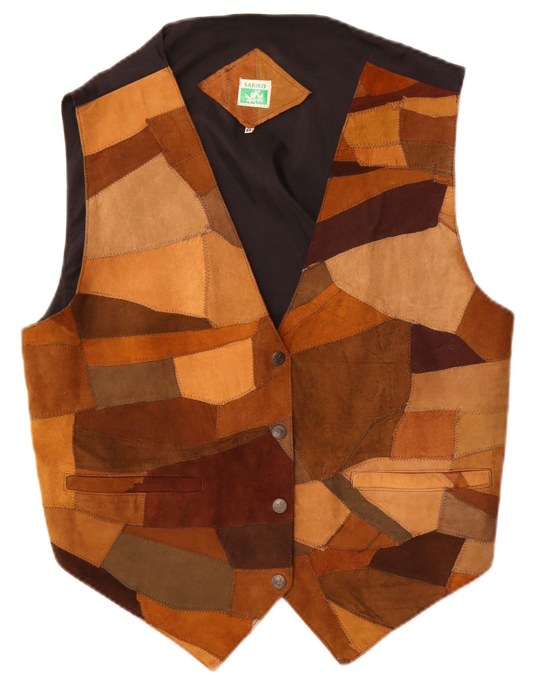 Vintage Womens Suede Waistcoat UK 14 Medium Brown Patchwork Leather