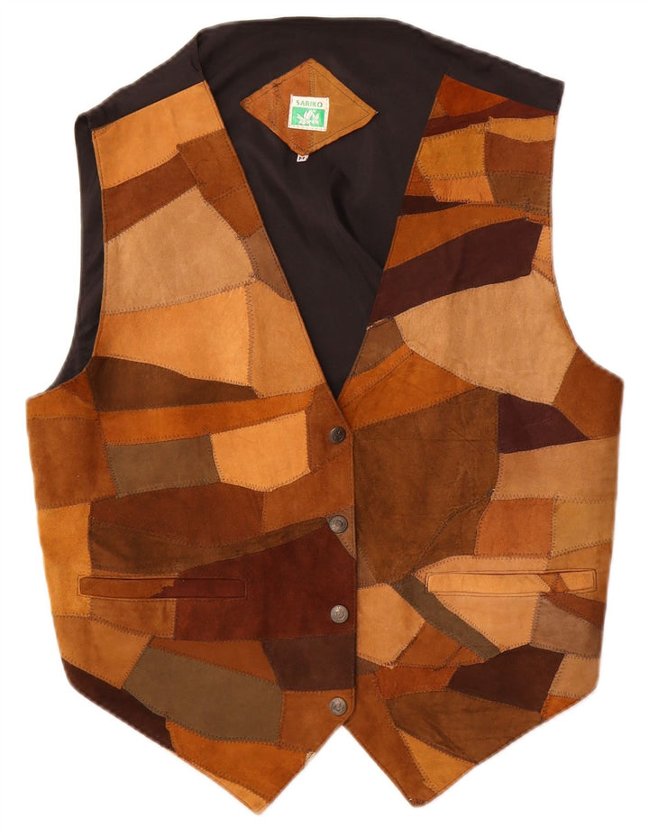 Vintage Womens Suede Waistcoat UK 14 Medium Brown Patchwork Leather