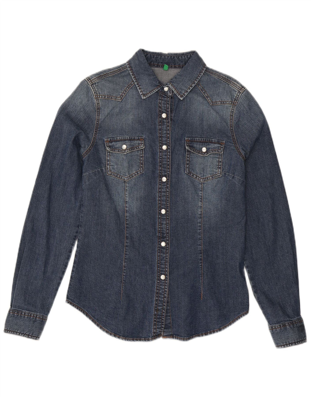 Benetton Womens Graphic Denim Shirt UK 12 Medium Blue Cotton