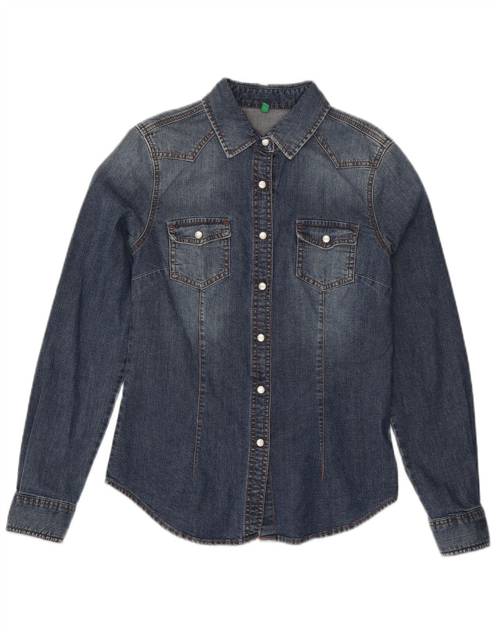 Benetton Womens Graphic Denim Shirt UK 12 Medium Blue Cotton