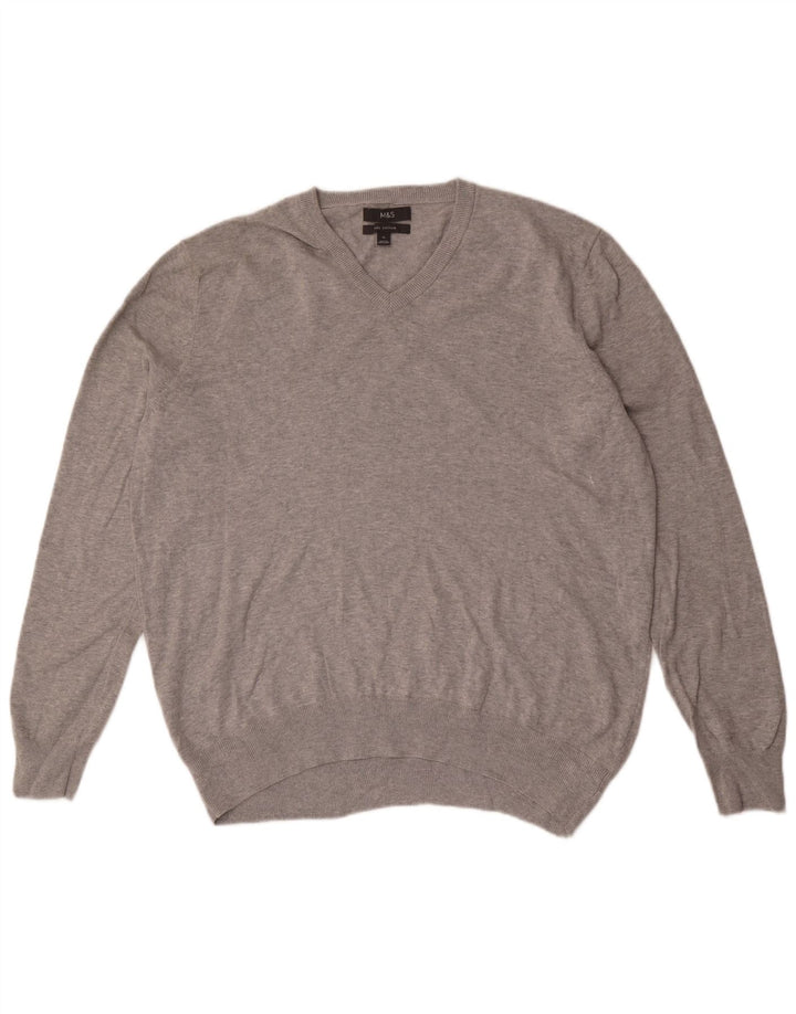 Marks & Spencer Mens V-Neck Jumper Sweater XL Grey Cotton
