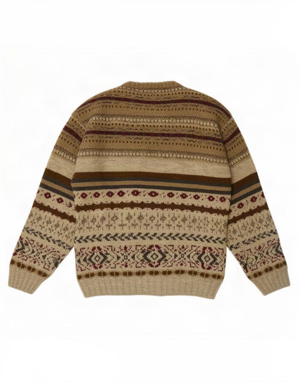 Gina Lebole Mens Crew Neck Jumper Sweater Large Beige Fair Isle Wool