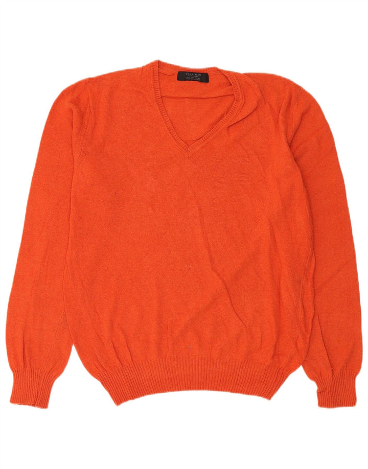 Zara Mens V-Neck Jumper Sweater Large Orange Viscose