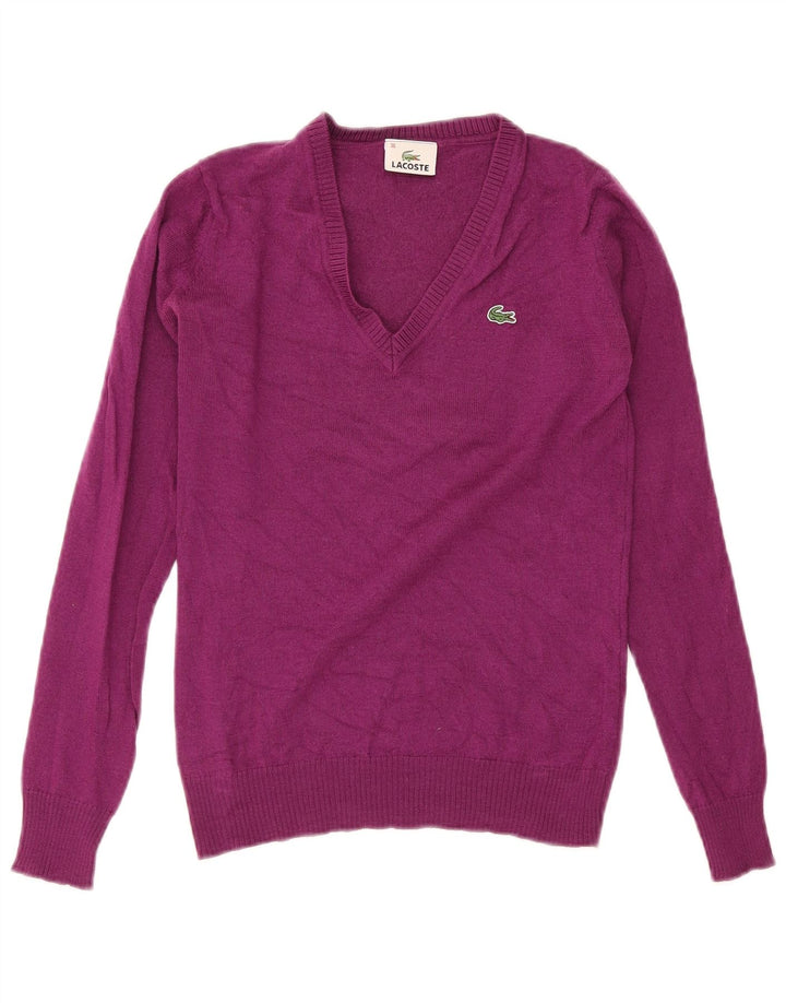 Lacoste Womens V-Neck Jumper Sweater Size 36 Small Purple Wool
