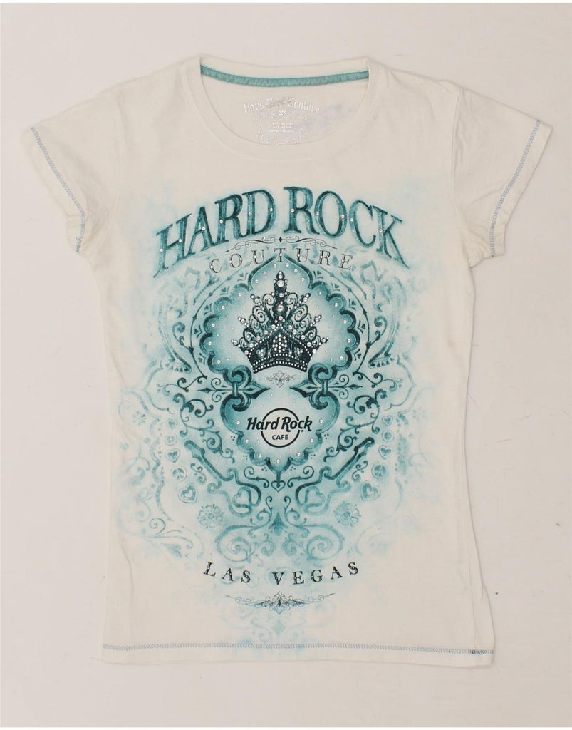 HARD ROCK COUTURE Womens Las Vegas Graphic T-Shirt Top UK 4 XS White | Vintage Hard Rock Couture | Thrift | Second-Hand Hard Rock Couture | Used Clothing | Messina Hembry 