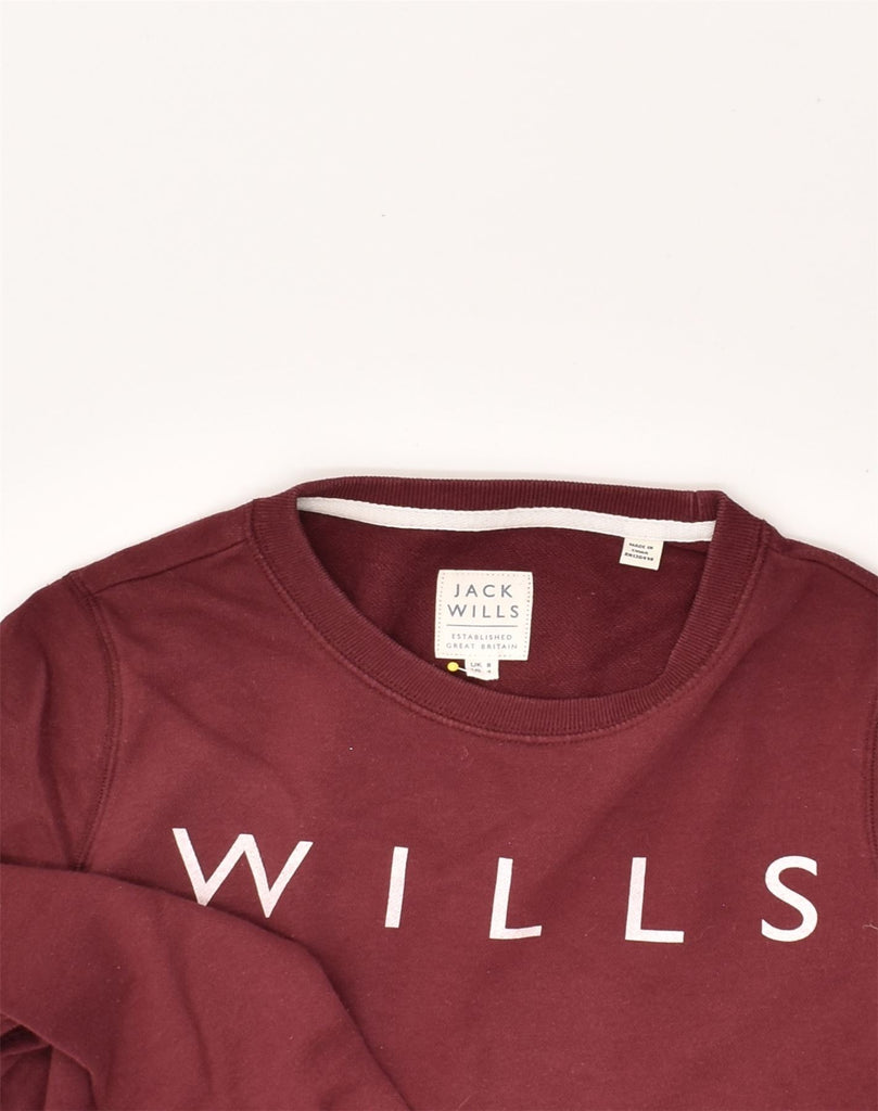 JACK WILLS Womens Graphic Sweatshirt Jumper UK 8 Small Maroon Cotton | Vintage Jack Wills | Thrift | Second-Hand Jack Wills | Used Clothing | Messina Hembry 