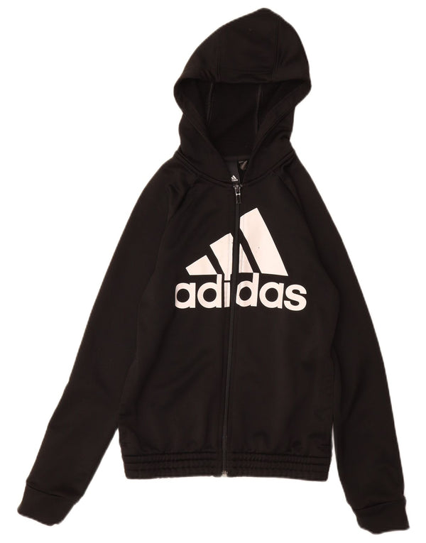 ADIDAS Girls Graphic Zip Hoodie Sweater 11-12 Years Black Polyester
