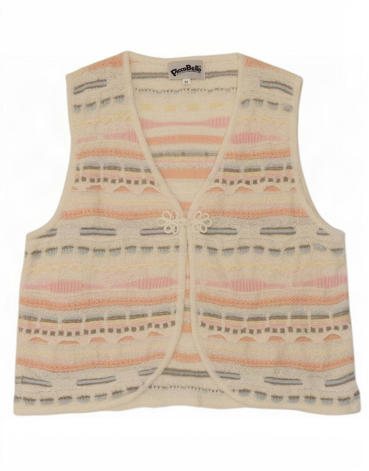 Vintage Womens Knit Waistcoat UK 14 Medium White Geometric Acrylic