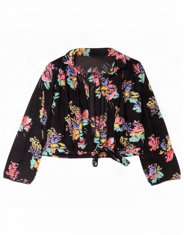 Vintage Womens Crop Shirt Blouse UK 16 Large Black Floral