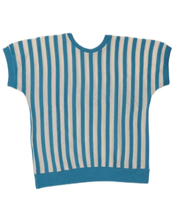 Vintage Womens Blouse Top UK 16 Large Blue Striped Polyacrylic