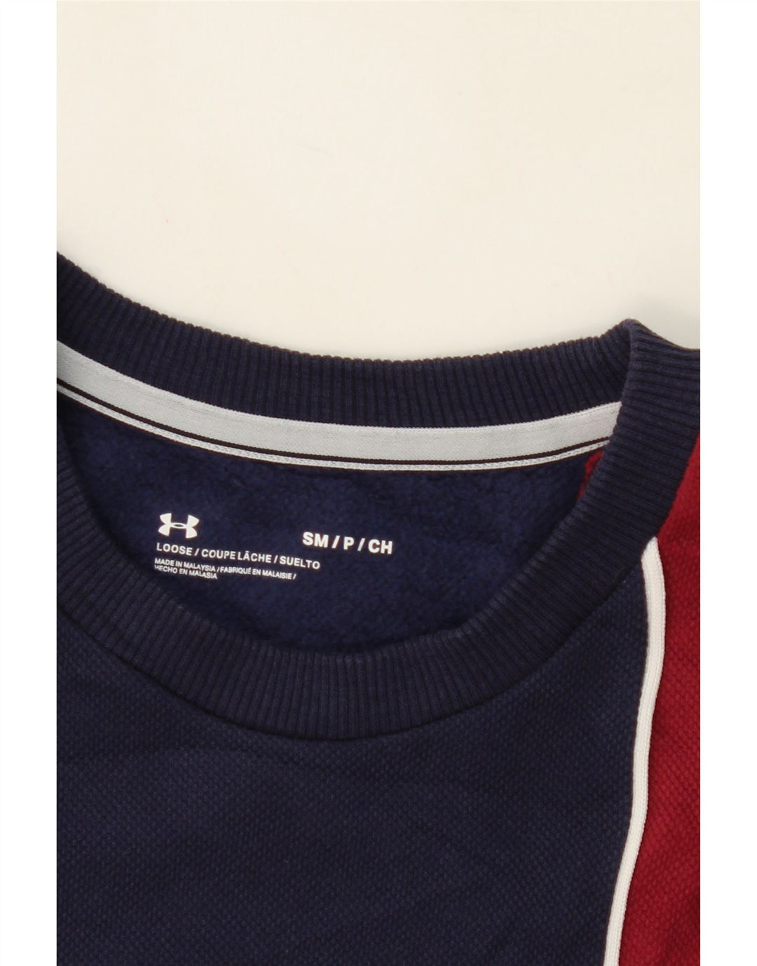UNDER ARMOUR Mens Sweatshirt Jumper Small Navy Blue Colourblock Cotton Vintage Under Armour and Second-Hand Under Armour from Messina Hembry 