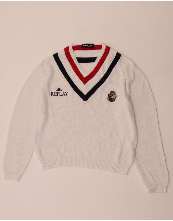Replay Womens Graphic V-Neck Jumper Sweater UK 16 Large White Colourblock