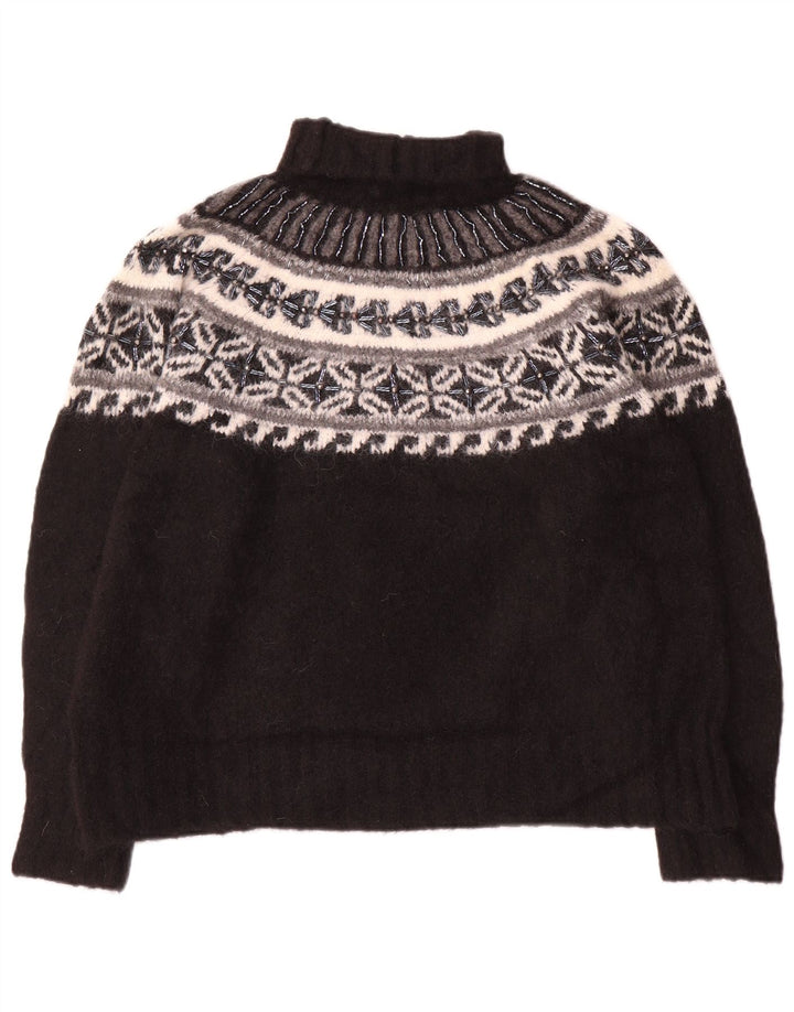 Zara Womens Roll Neck Jumper Sweater UK 14 Medium Black Fair Isle Polyamide