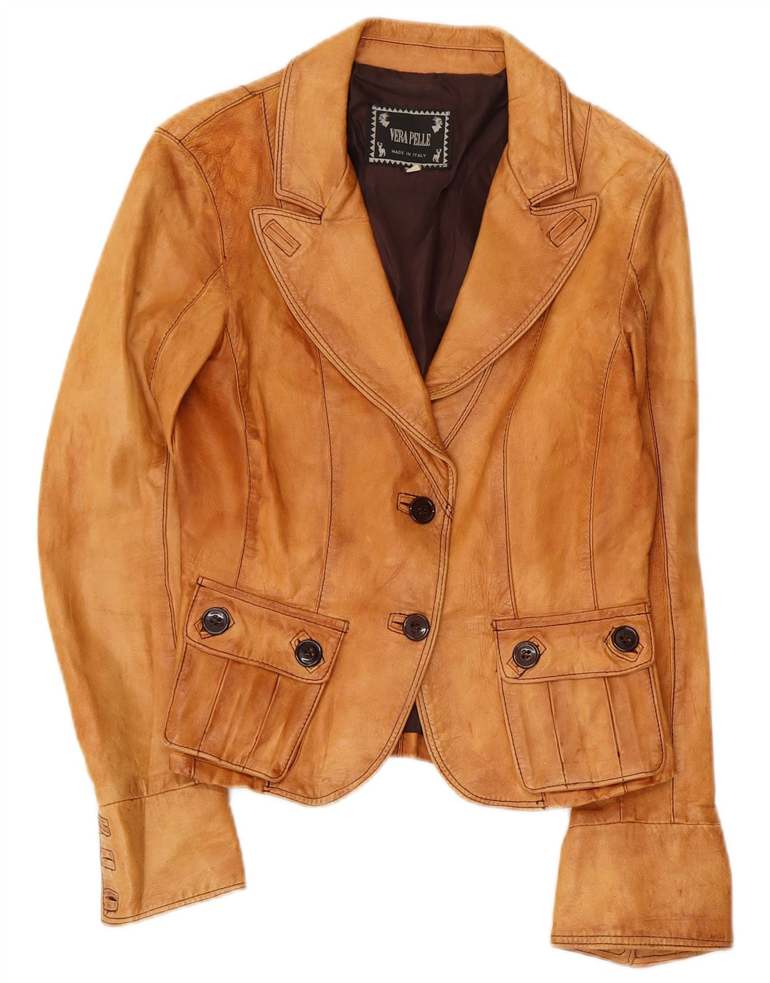 VINTAGE Womens 2 Button Leather Blazer Jacket IT 44 Medium Beige Leather