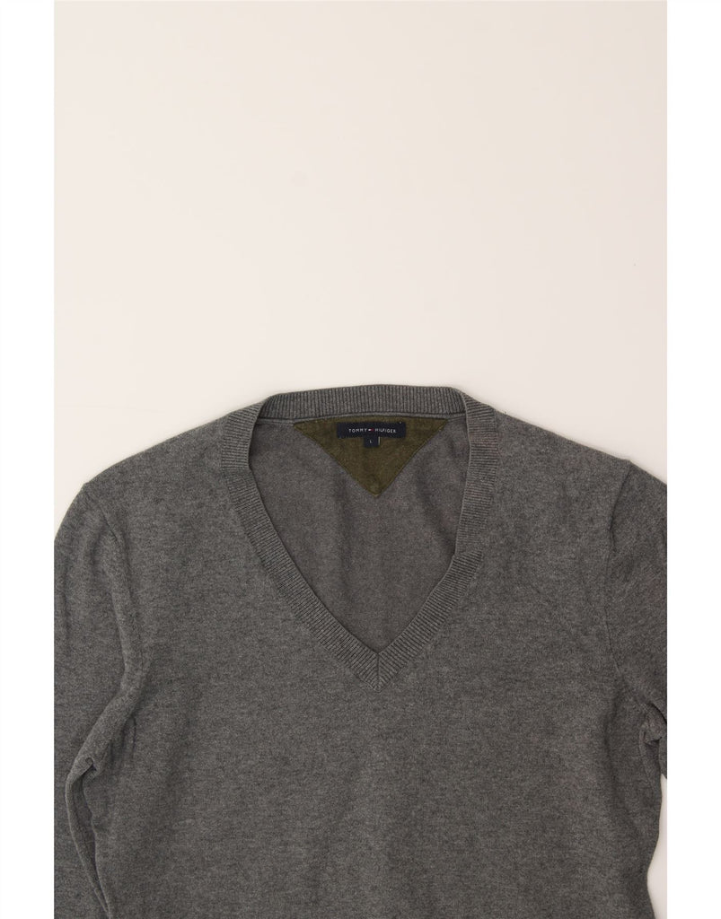 TOMMY HILFIGER Womens V-Neck Jumper Sweater UK 14 Large Grey Cotton Vintage Tommy Hilfiger and Second-Hand Tommy Hilfiger from Messina Hembry 