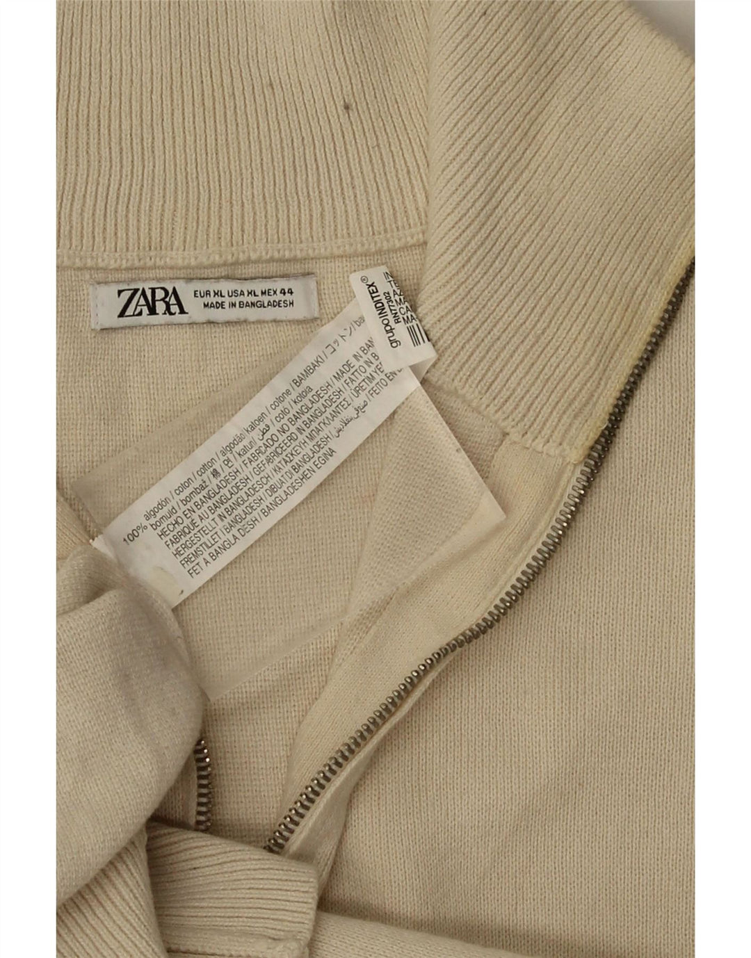 Zara Mens Zip Neck Jumper Sweater XL Beige Cotton