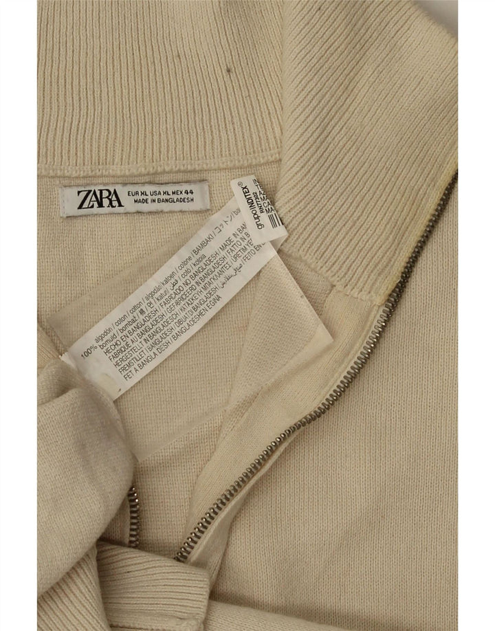 Zara Mens Zip Neck Jumper Sweater XL Beige Cotton
