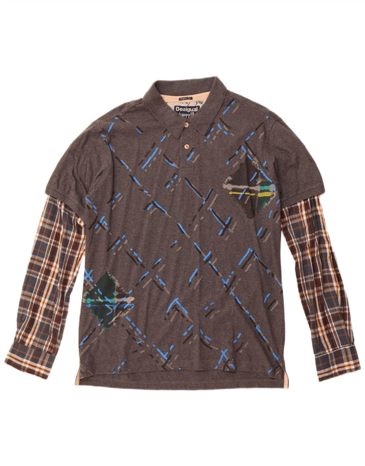 Desigual Mens Long Sleeve Regular Polo Shirt XL Grey Check Cotton