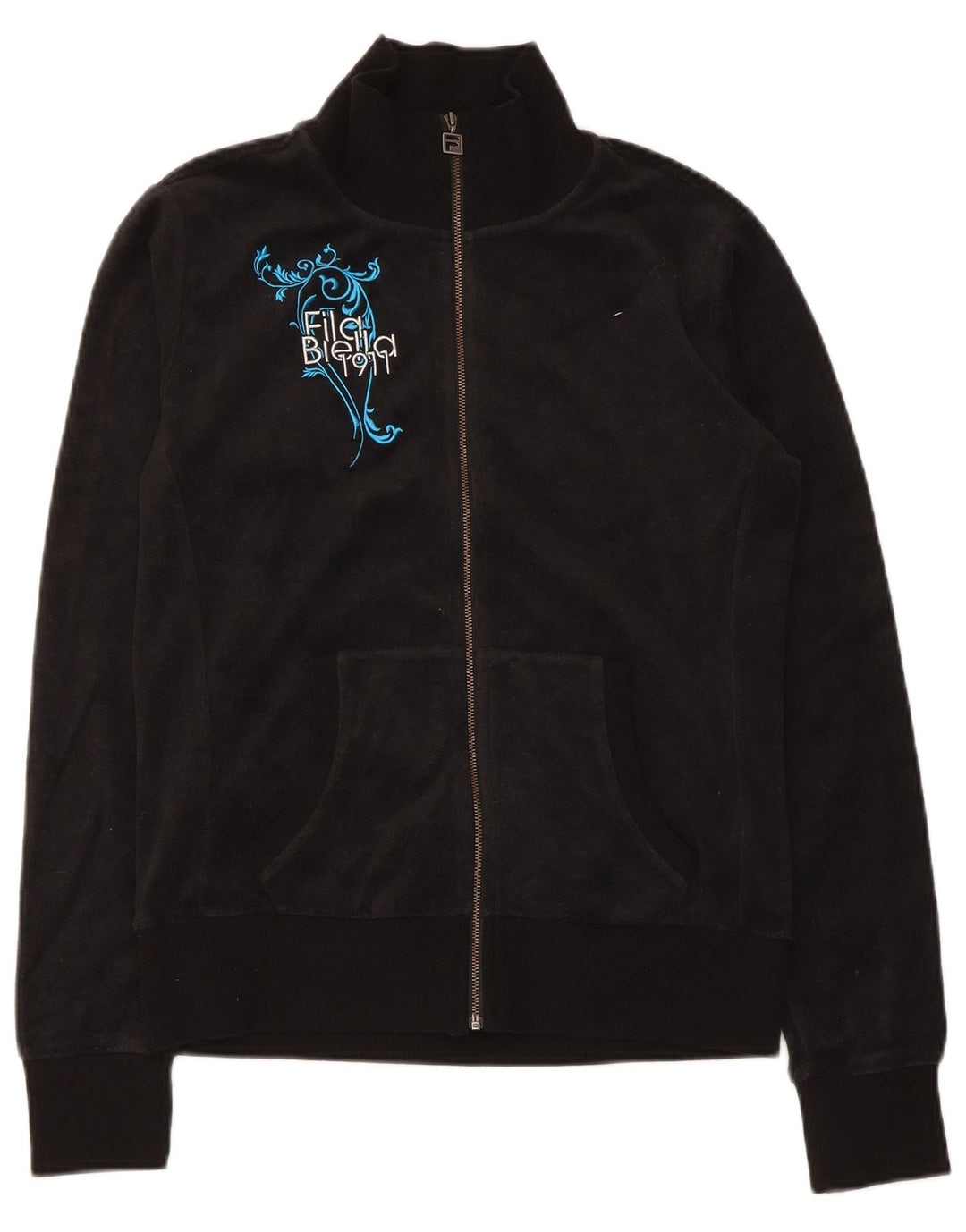 Fila Womens Graphic Tracksuit Top Jacket UK 12 Medium Black Cotton