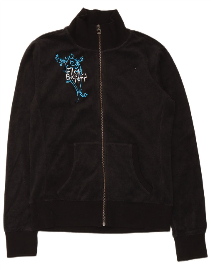 Fila Womens Graphic Tracksuit Top Jacket UK 12 Medium Black Cotton