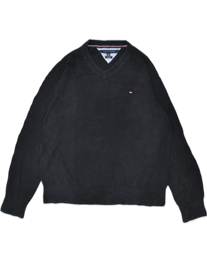 TOMMY HILFIGER Mens V-Neck Jumper Sweater XL Black Cotton | Vintage | Thrift | Second-Hand | Used Clothing | Messina Hembry 