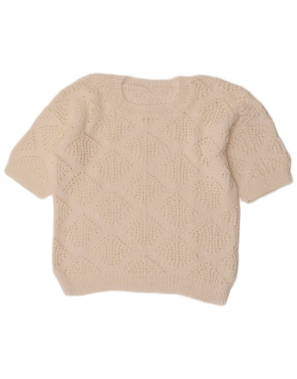 Vintage Womens Crop Crew Neck Jumper Sweater UK 14 Medium White