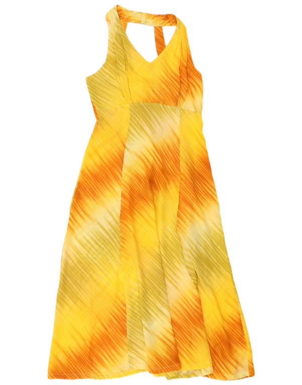 Vintage Womens Maxi Halter Dress UK 18 XL Yellow Tie Dye Polyester