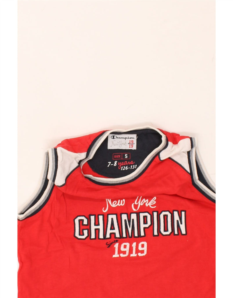 CHAMPION Boys New York Graphic Vest Top 7-8 Years Red Colourblock Cotton | Vintage Champion | Thrift | Second-Hand Champion | Used Clothing | Messina Hembry 