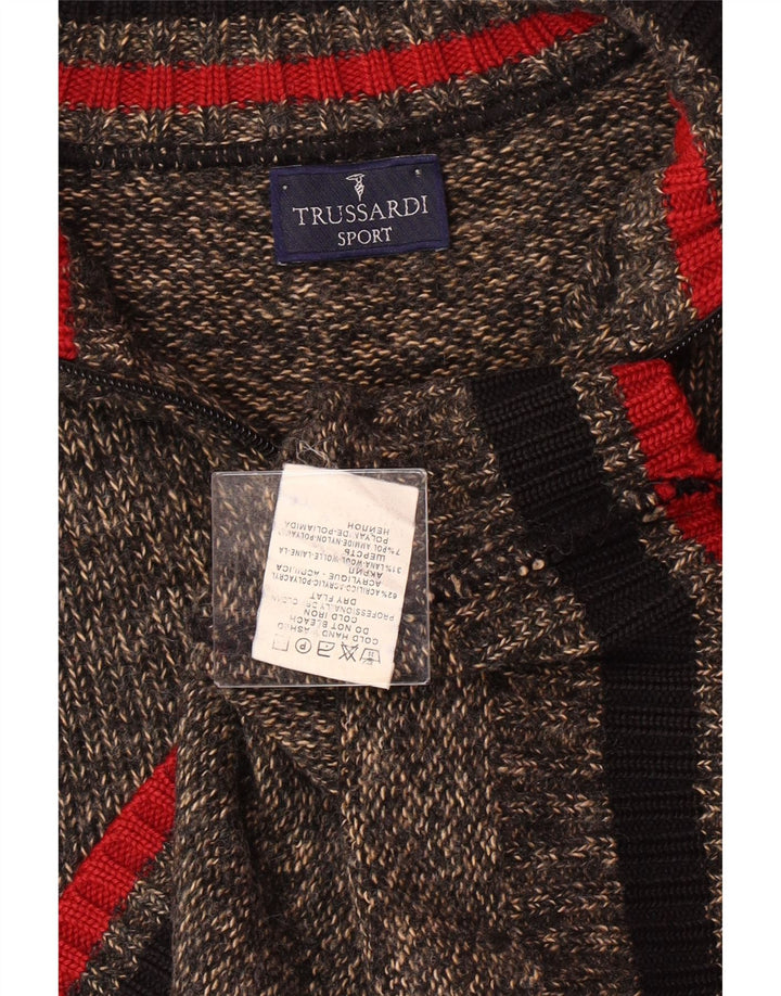 TRUSSARDI Mens Zip Neck Jumper Sweater Medium Brown Flecked Acrylic