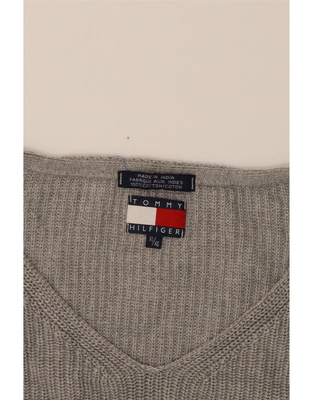 TOMMY HILFIGER Mens V-Neck Jumper Sweater XL Grey Cotton Vintage Tommy Hilfiger and Second-Hand Tommy Hilfiger from Messina Hembry 