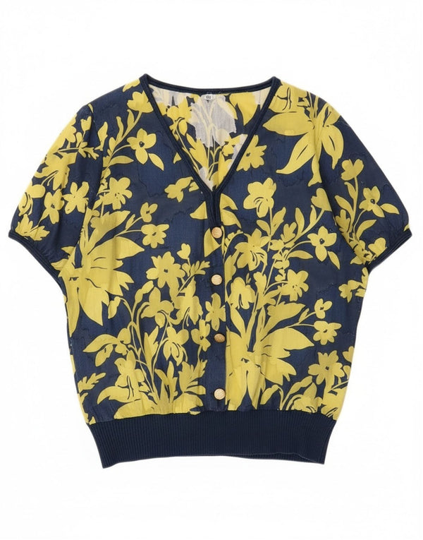 Vintage Womens Blouse Top IT 48 XL Navy Blue Floral Cotton