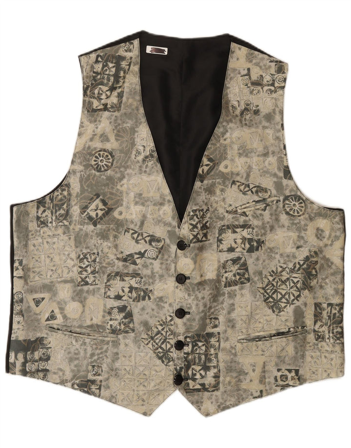 Vintage Mens Abstract Pattern Waistcoat 2XL Grey Polyacrylic