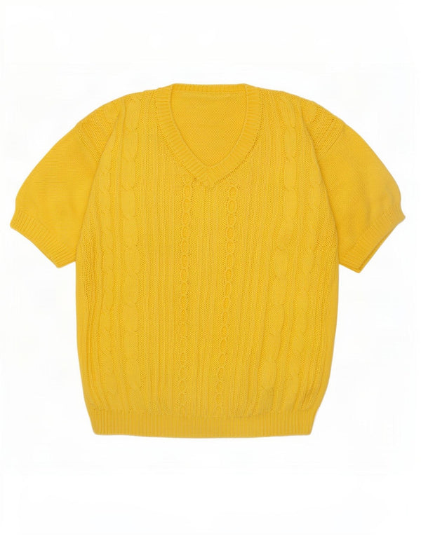 Vintage Womens Short Sleeve V-Neck Jumper Sweater UK 14 Medium Yellow