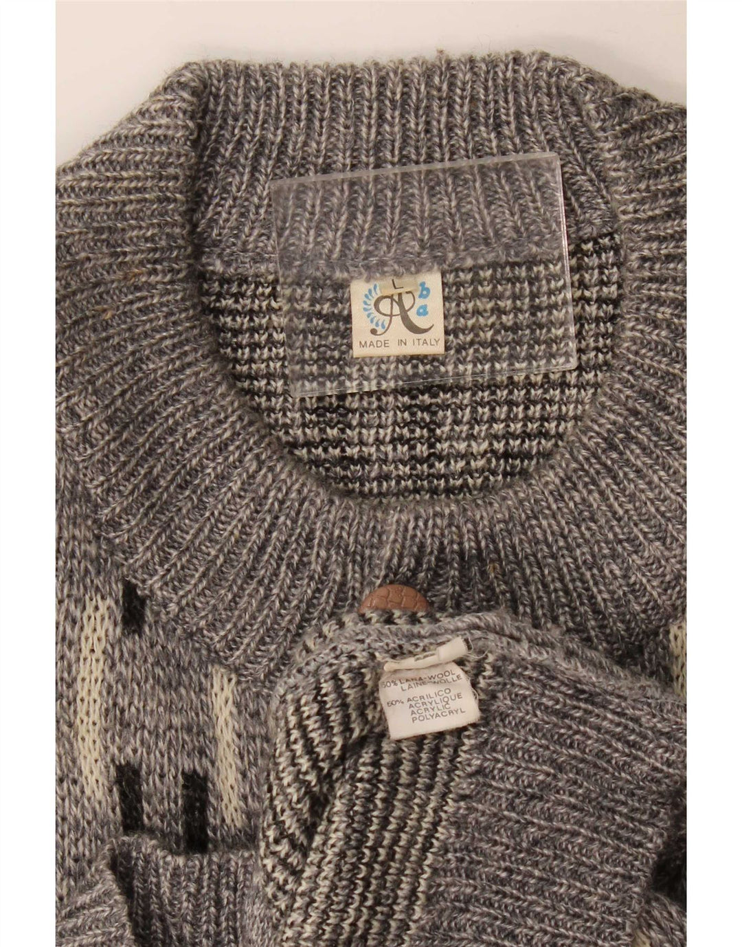 Vintage Mens Cardigan Sweater Large Grey Geometric Wool
