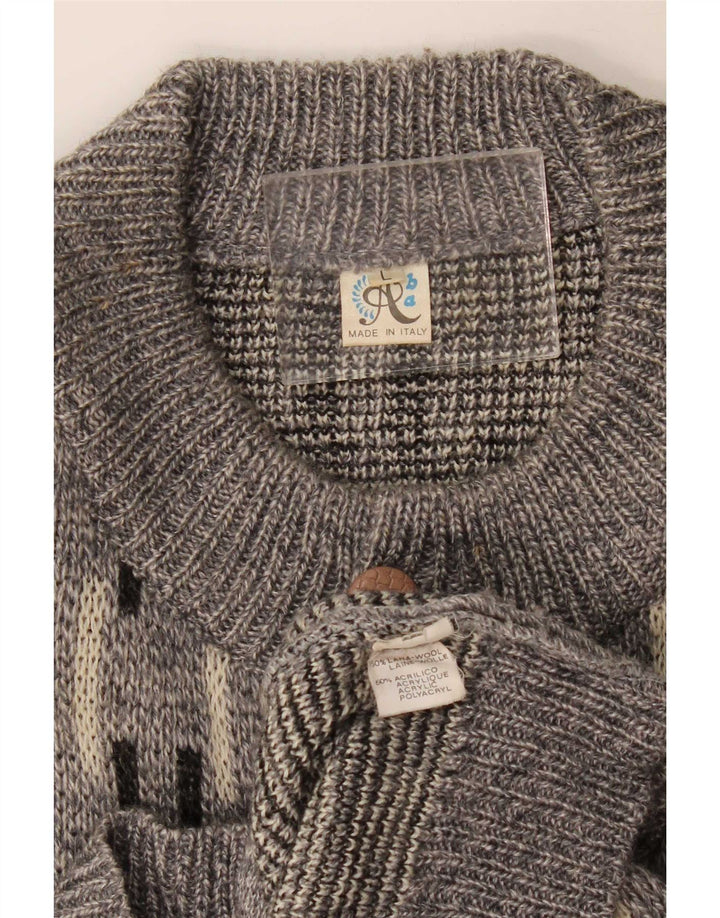 Vintage Mens Cardigan Sweater Large Grey Geometric Wool