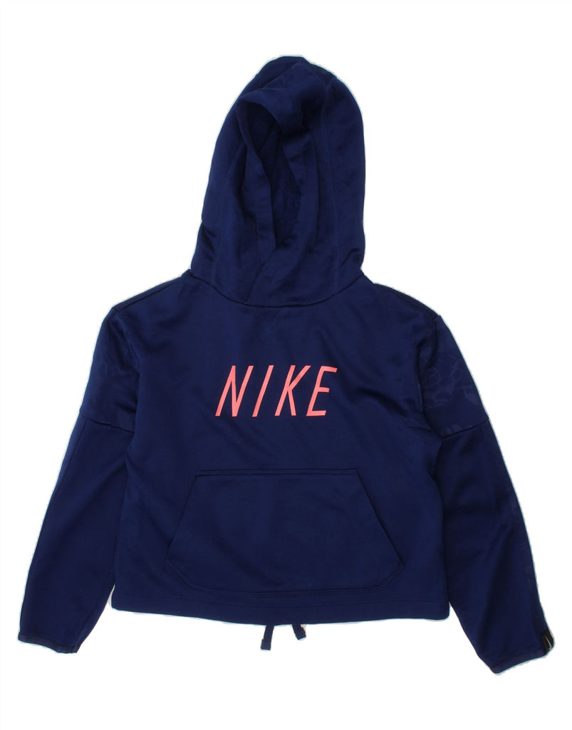 NIKE Girls Dri Fit Graphic Hoodie Jumper 8-9 Years Small Navy Blue Vintage Nike and Second-Hand Nike from Messina Hembry 