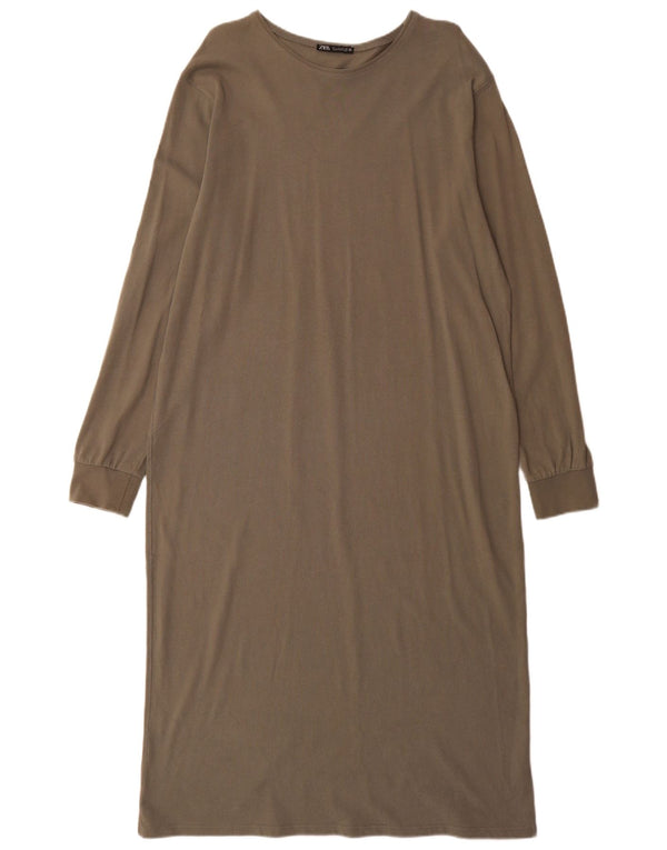 Zara Womens Long Sleeve Maxi Dress UK 16 Large Khaki Cotton