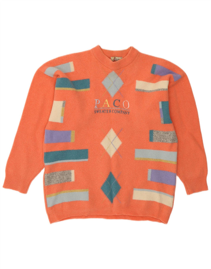 PACO Womens Crew Neck Jumper Sweater UK 16 Large Orange Argyle/Diamond