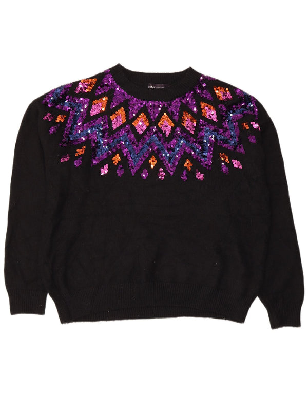 Marks & Spencer Womens Boat Neck Jumper Sweater UK 16 Large Black Geometric