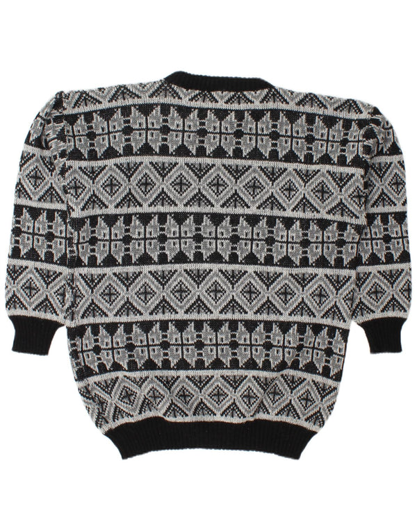 Vintage Mens Loose Fit Boat Neck Jumper Sweater Medium Black Geometric Wool
