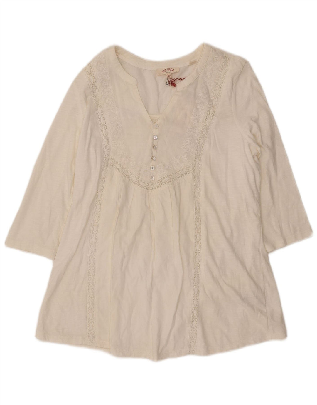 Fat Face Womens 3/4 Sleeve Blouse Top UK 12 Medium White Cotton