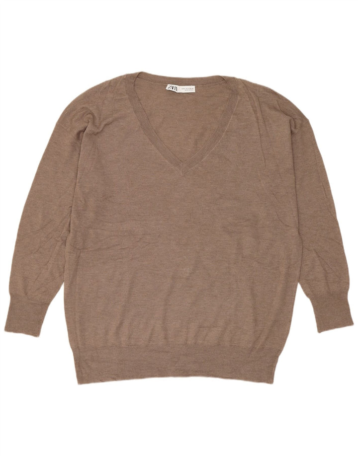 Zara Womens Oversized V-Neck Jumper Sweater UK 10 Small Beige