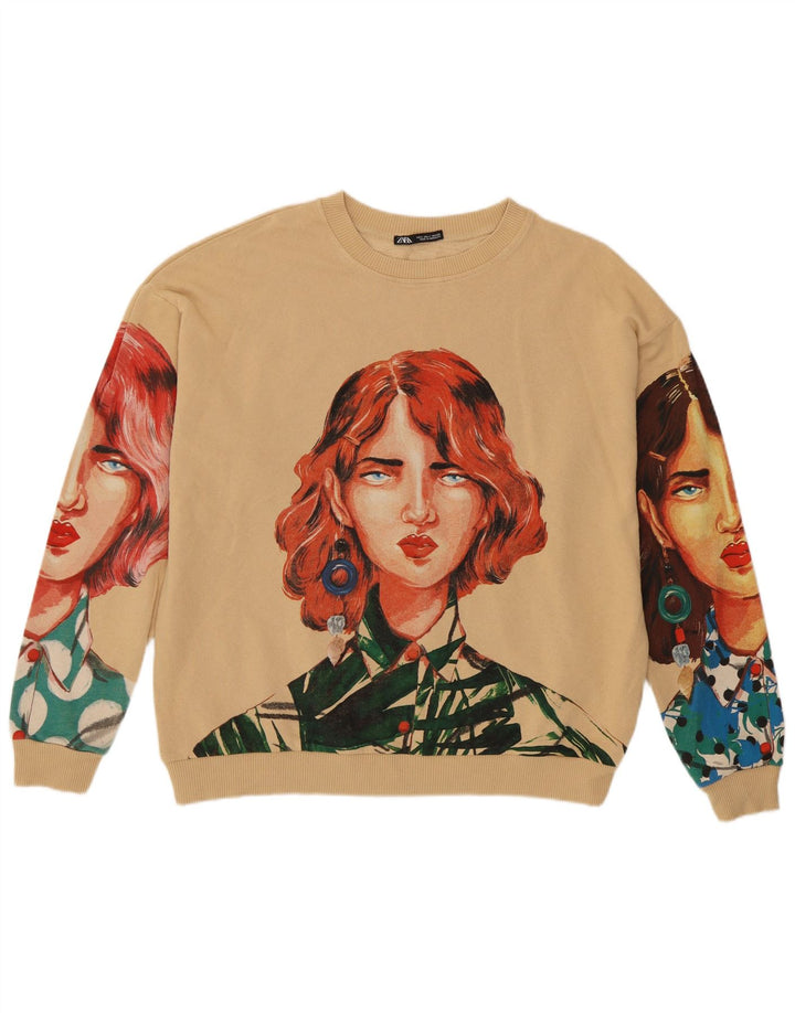 Zara Womens Abstract Pattern Sweatshirt Jumper UK 16 Large Beige Cotton