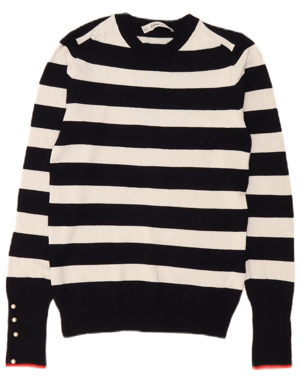 Zara Womens Crew Neck Jumper Sweater UK 8 Small Navy Blue Striped